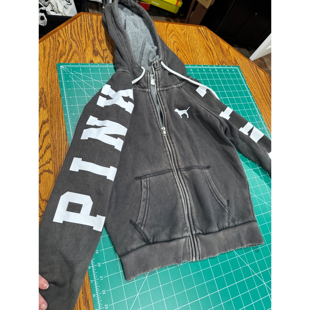Victoria's Secret‎ PINK Full Zip Hoodie Charcoal Gray Frayed Hem XS